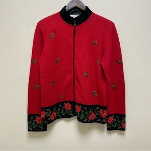 Vtg Heirloom Collectibles Christmas Cardigan Embroidered Beaded Poinsettias Med